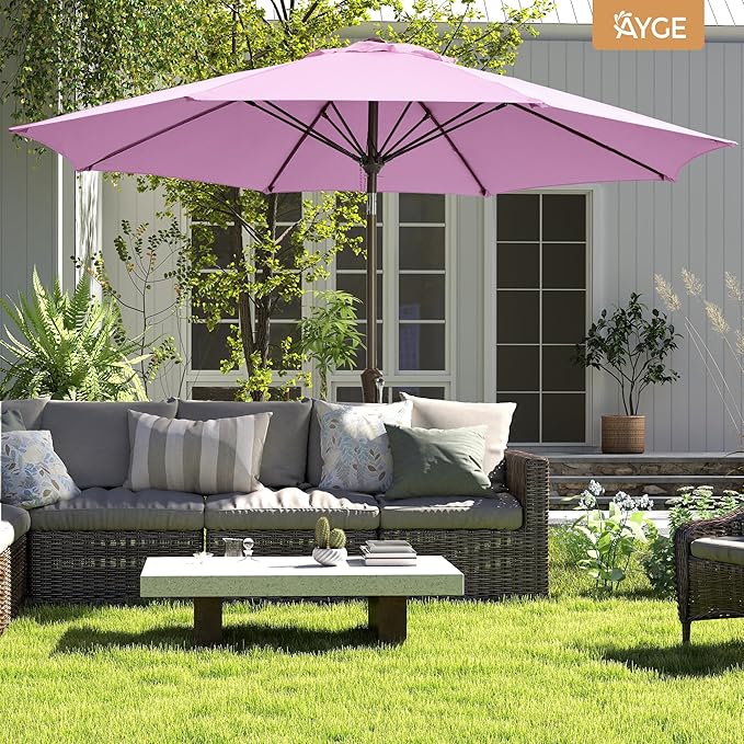 Ayge 9FT Large Outdoor Patio Umbrella Market Table Umbrella-UV Resistant, Easy Push Button Tilt and Crank, 8 Sturdy Fiberglass Ribs Heavy-Duty Pool Umbrella for Deck, Backyard,Garden
