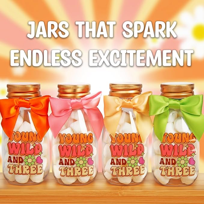 Small 12 Pack Young Wild and Three Party Favors - DIY Candy Jars with Ribbons and Stickers - Funky Groovy Party Decoration Bottles for 3rd Birthday for Boy or Girl - Retro Table Centerpieces
