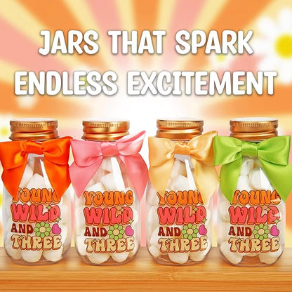 Small 12 Pack Young Wild and Three Party Favors - DIY Candy Jars with Ribbons and Stickers - Funky Groovy Party Decoration Bottles for 3rd Birthday for Boy or Girl - Retro Table Centerpieces