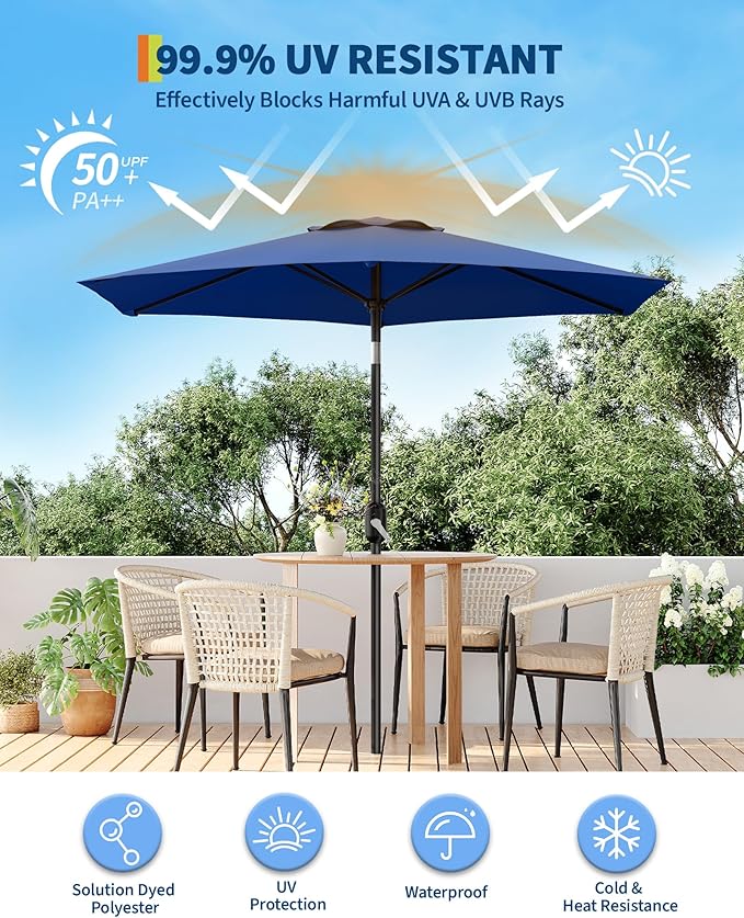7.5FT Patio Umbrella Outdoor, Market Umbrella, Table Umbrella with Push Button Tilt and Crank, 6 Sturdy Ribs UV Protection Waterproof for Garden, Pool, Deck, Backyard (Navy Blue)