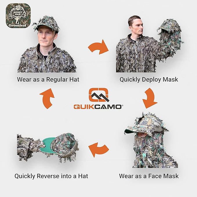 QuikCamo Lightweight 3D Leafy Camo Face Mask & Hat for Hunting, OSFM Adjustable Camouflage Hat, Mossy Oak & Realtree