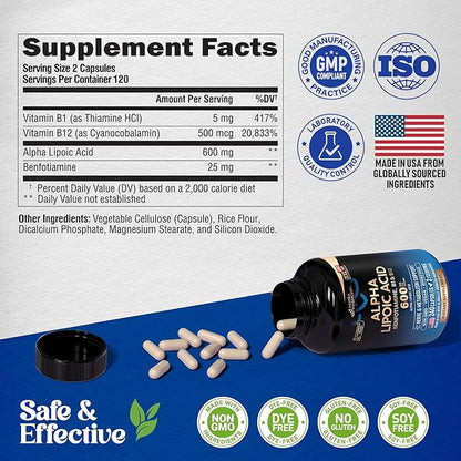 Alpha Lipoic Acid 600mg - ALA Supplement Antioxidant for Nerve, Energy & Metabolism Support - Extra Strength with Benfotiamine, Vitamins B1 & B12 - Lab Tested, NON-GMO & Vegan - 240 Capsules