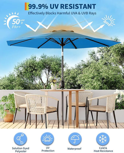 9FT Patio Umbrella Outdoor, Market Umbrella, Table Umbrella with Push Button Tilt and Crank, 8 Sturdy Ribs UV Protection Waterproof for Garden, Pool, Deck, Backyard (Sky Blue)