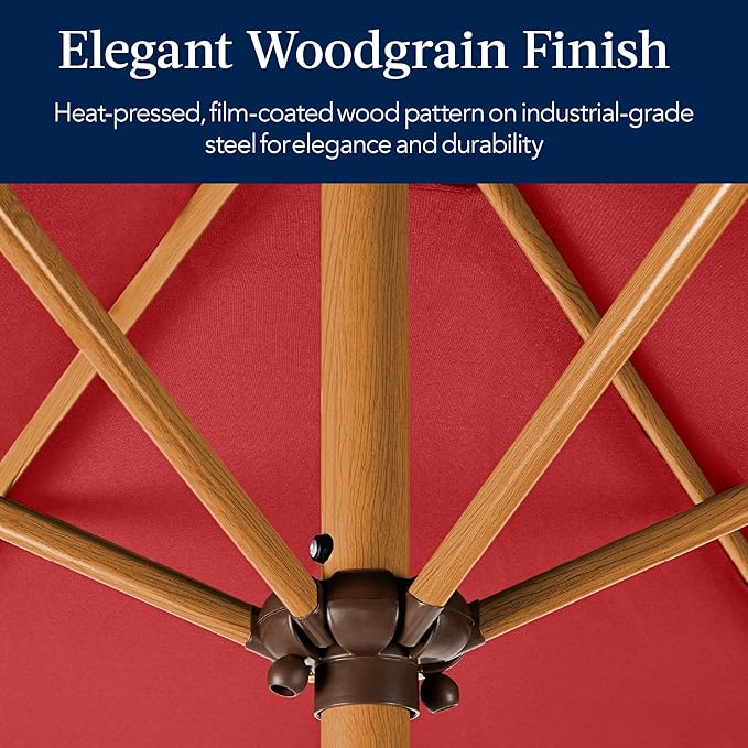Best Choice Products 10ft Market Umbrella, Outdoor Sun Shade for Backyard, Deck, Poolside, Table w/Woodgrain Pattern, Easy Tilt & Crank - Red