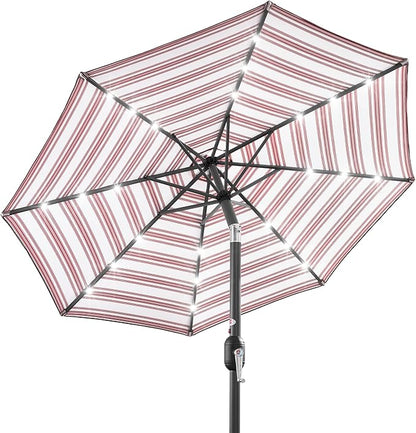 Best Choice Products 10ft Solar Polyester LED Lighted Patio Umbrella w/Tilt Adjustment and UV-Resistant Fabric - Striped Burgundy