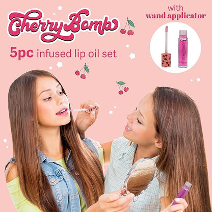 5pc Lip Oil Set - Cherry Bomb Lip Oils, Lip Healing Cherry Infused Lip Oil Collection with Precision Applicator Wand Everyday Lip Care and Lip Repair (CHERRY BOMB)