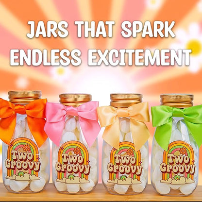 Small 12 Pack Two Groovy Party Favors - DIY Candy Jars with Ribbons and Stickers - Funky Party Decoration Bottles for 2nd Birthday Bash for Baby Boy or Girl - Retro Hippie Table Centerpieces