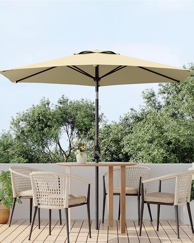 7.5FT Patio Umbrella Outdoor, Market Umbrella, Table Umbrella with Push Button Tilt and Crank, 6 Sturdy Ribs UV Protection Waterproof for Garden, Pool, Deck, Backyard (Beige)