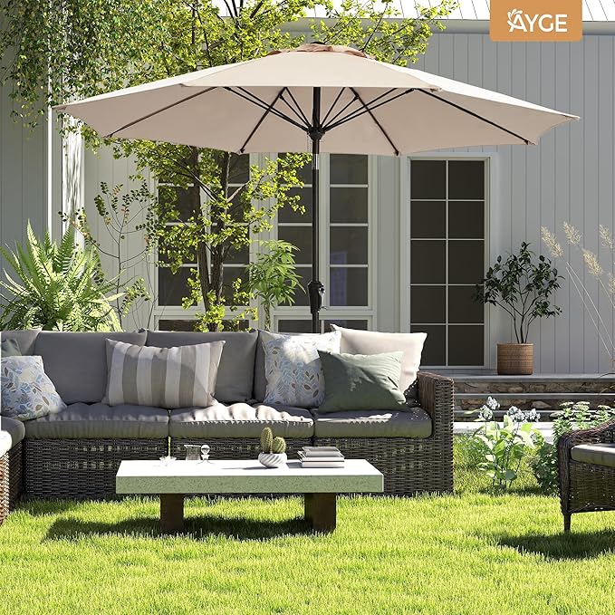 Ayge 9FT Large Outdoor Patio Umbrella Market Table Umbrella-UV Resistant, Easy Push Button Tilt and Crank, 8 Sturdy Fiberglass Ribs Heavy-Duty Pool Umbrella for Deck, Backyard,Garden