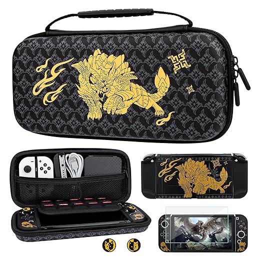 GLDRAM Carry Case for Nintendo Switch OLED Accessories, Black Switch Case Cover Bundle for Monster Hunter Rise with Travel Case, Dockable Hard PC Cover, Glass Screen Protector, Thumb Grip Caps
