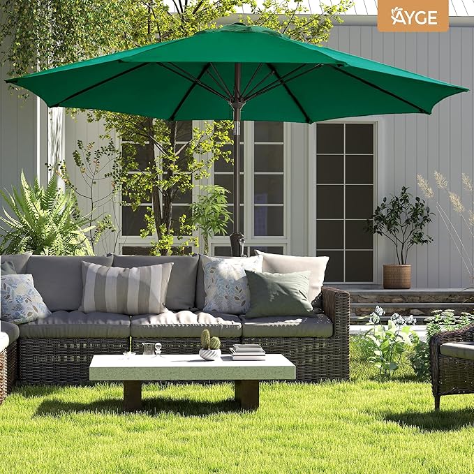 Ayge 9FT Large Outdoor Patio Umbrella Market Table Umbrella-UV Resistant, Easy Push Button Tilt and Crank, 8 Sturdy Fiberglass Ribs Heavy-Duty Pool Umbrella for Deck, Backyard,Garden