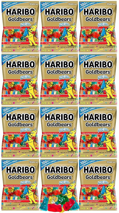 Haribo Goldbears Gummy Candy Bulk, Special Party Hats Edition, Original Mix Gummie Bear Shaped Candies with Party Hats, Assorted Fruit Flavors, Share Size for Party Favor and Birthday Candy, 4 Oz (Pack of 12)