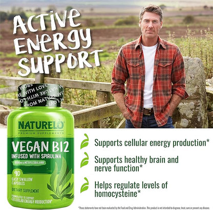 NATURELO Vegan B12 - Methyl B12 with Organic Spirulina - High Potency Vitamin B12 1000 mcg Methylcobalamin - Supports Healthy Mood, Energy, Heart & Eye Health - 90 Capsules (Pack of 2)