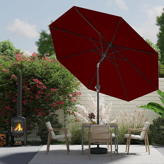 9 FT Patio Umbrella for Outdoor, Outdoor Umbrella with Push Button Tilt and Crank, Outdoor Patio Umbrellas with 8 Sturdy Ribs for Market, Garden, Deck, Backyard, Pool (Burgundy)