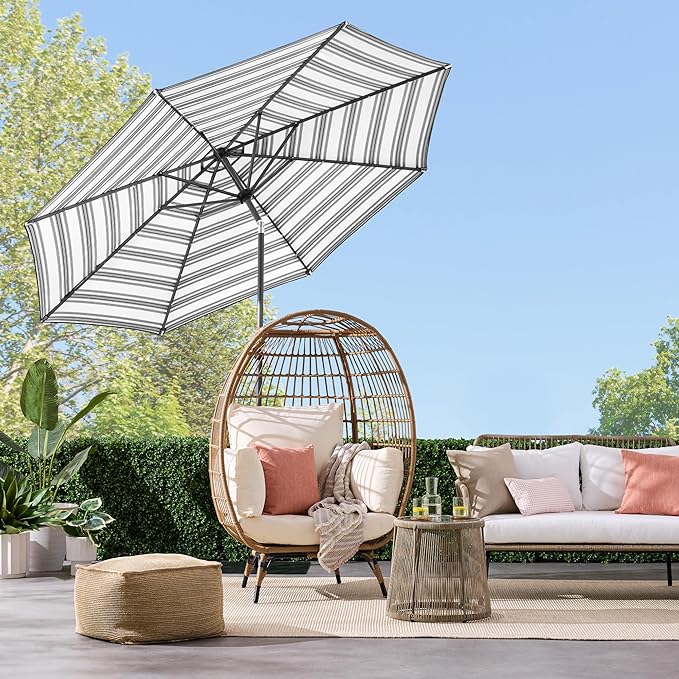 Best Choice Products 10ft Solar Polyester LED Lighted Patio Umbrella w/Tilt Adjustment and UV-Resistant Fabric - Striped Black
