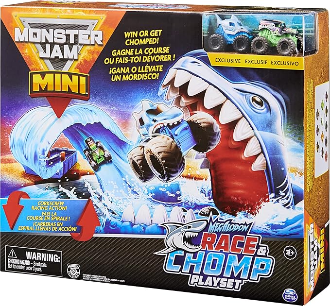 Monster Jam, Mini Megalodon Race and Chomp Playset with 2 Monster Jam Mini Trucks, 1:87 Scale, Kids Toys for Boys and Girls Ages 4-6+