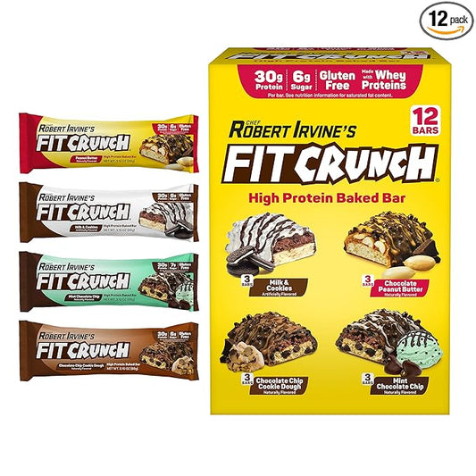 FITCRUNCH Full Size Protein Bars, 6-Layer Baked Bar, 6g of Sugar, Gluten Free & Soft Cake Core (12 Bars, Variety Pack)