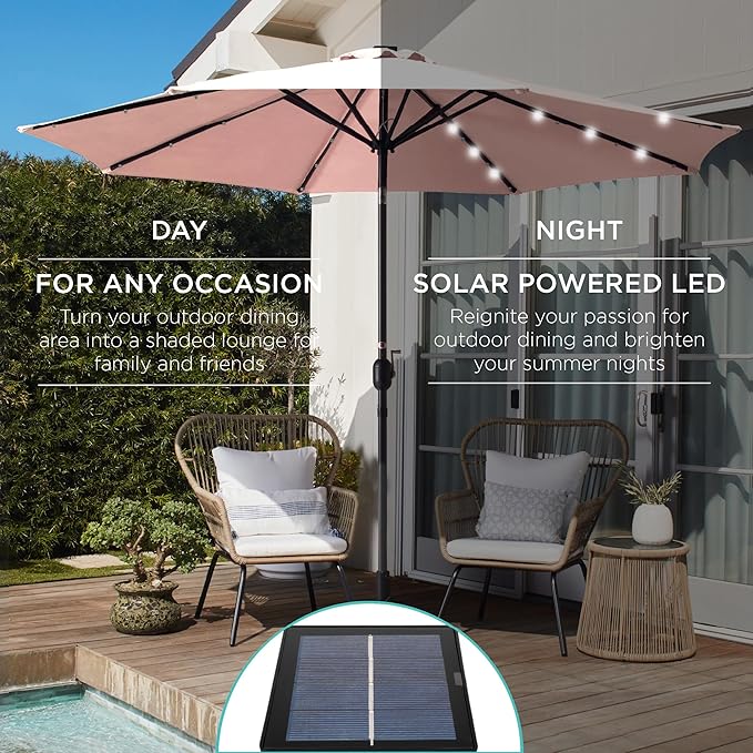 Best Choice Products 10ft Solar Polyester LED Lighted Patio Umbrella w/Tilt Adjustment and UV-Resistant Fabric - Rose Quartz