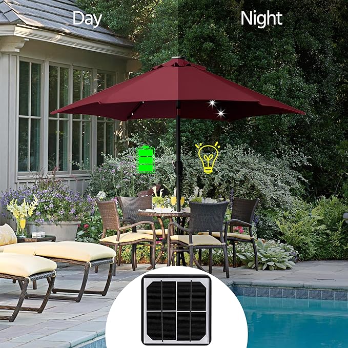 Yaheetech 7.5 ft Solar Patio Umbrella Outdoor Market Table Umbrella w/Push Button Tilt & Crank and UV Protection for Garden, Deck, Backyard, Pool and Beach, Burgungy