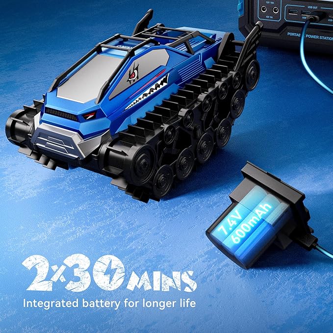 Ruko 1604 Amphibious Remote Control Car, Waterproof Shark Monster Truck, 360° Rotating Tank, Full Throttle, All Terrain Vehicle Toys for Age 3 4 5 6 7 8 Year Old Boys Girls Birthday Gifts, Blue