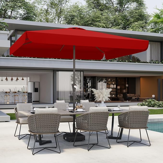8 * 10FT Rectangular Patio Umbrella Table Market Umbrella w/Crank Outdoor Umbrellas for Garden, Deck, Backyard, Pool and Beach, Red