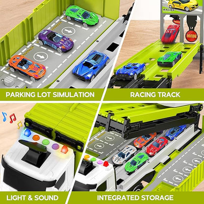 Carrier Truck Race Track Boys Toys, Foldable 3 Layer Toddler Track Playset, Toy Truck Transport Car Carrier & 8 Race Cars, Truck Car Kids Toys for Age 3 4 5 6+ Years Old Boys Girls