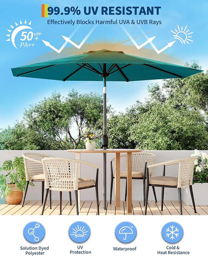 9FT Patio Umbrella Outdoor, Market Umbrella, Table Umbrella with Push Button Tilt and Crank, 8 Sturdy Ribs UV Protection Waterproof for Garden, Pool, Deck, Backyard (Turquoise Blue)