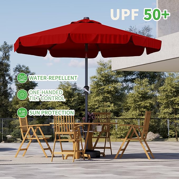 10FT Patio Umbrella Table Market Umbrella w/Tilt and Crank Outdoor Umbrellas for Garden, Deck, Backyard, Pool and Beach, Red