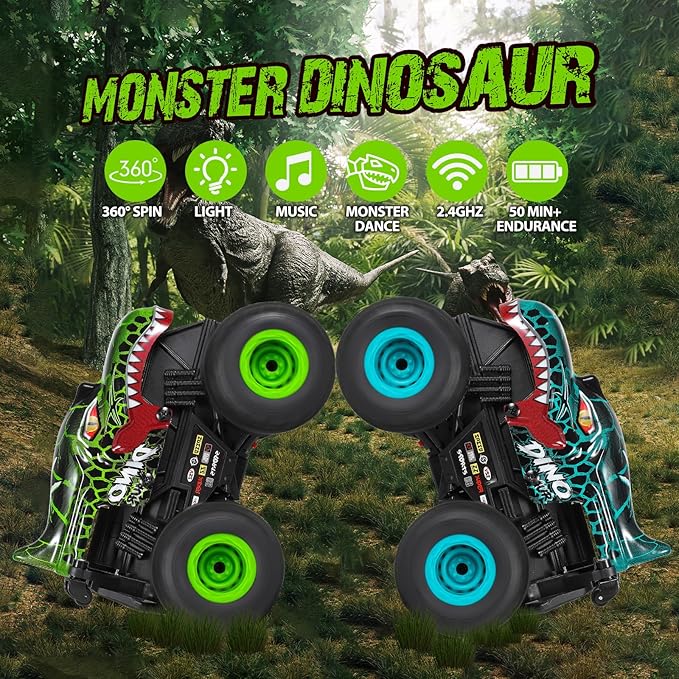 DYODYORC Remote Control Car, 2.4Ghz All Terrain Dinosaur Monster Truck Toys, RC Truck with Music, 3 Lighting Effects, 360 Stunt Capable, All included Ready to Run, Toy Gifts for Boys and Girls (Green)