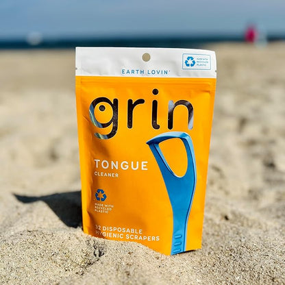 GRIN Tongue Cleaner, 32 Count, Disposable Tongue Cleaner, Hygienic Scraper, Recycled Plastic, Clean Tongue, Promote Fresh Breath, Includes Safe Fold- Back Tooth Pick
