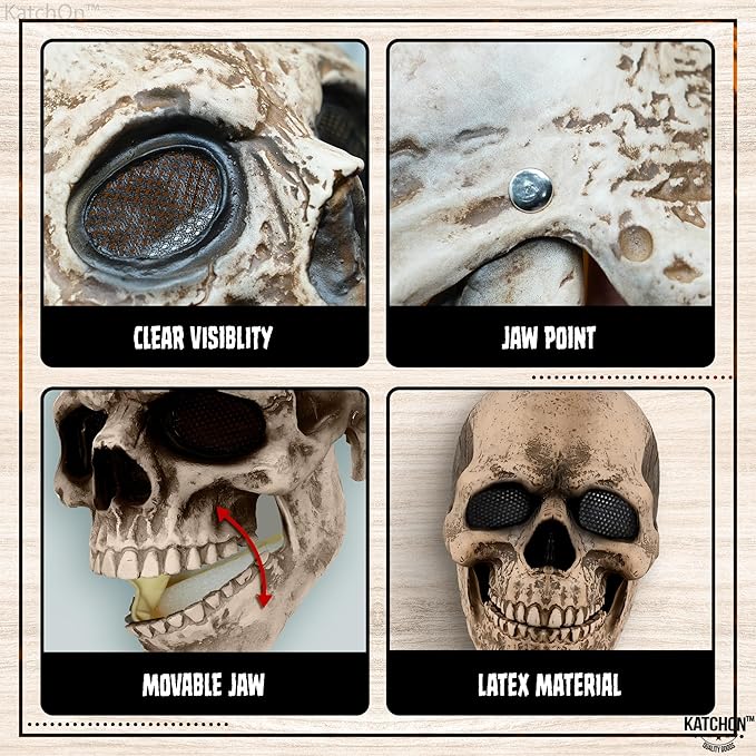 KatchOn Creepy Halloween Skull Mask Full Head with Movable Jaw - Realistic Latex Skull Mask Costume for Adults
