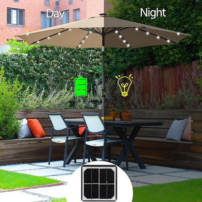 Yaheetech 10FT Solar Powered Patio Umbrella - UV Protection Market Table Umbrella w/ 32 LED Lights & Push Button Tilt & Crank Lift System for Garden/Lawn/Deck/Backyard/Pool,Tan