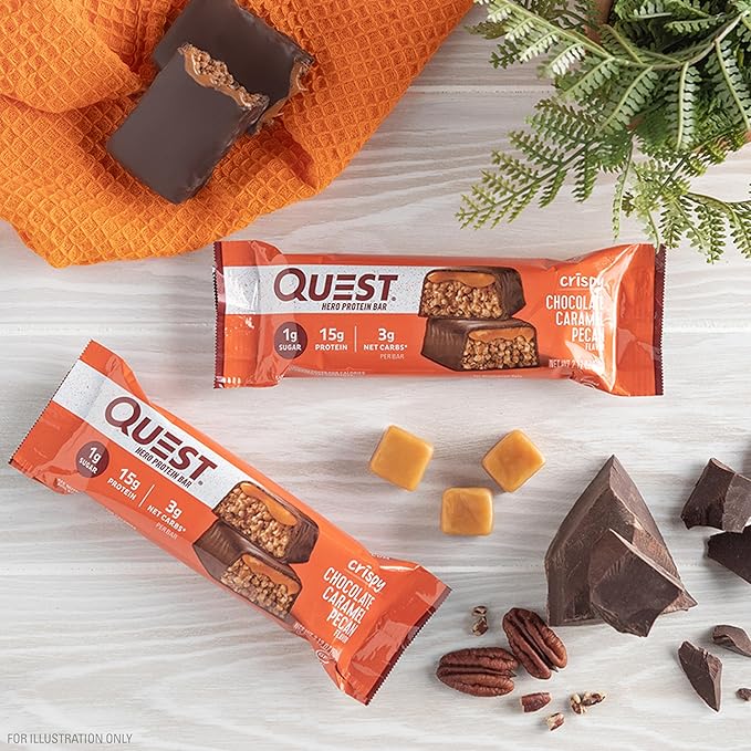 Quest Nutrition Crispy Chocolate Caramel Pecan Hero Protein Bar, 15g Protein, 1g Sugar, 3g Net Carbs, Gluten Free Protein Snack, Keto Friendly, 4 Count