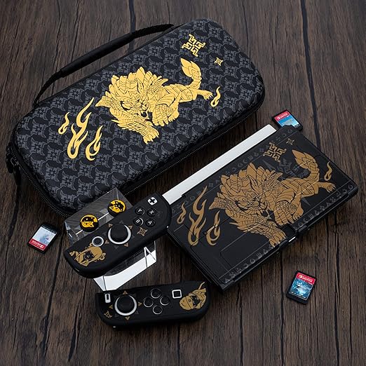 GLDRAM Carry Case for Nintendo Switch OLED Accessories, Black Switch Case Cover Bundle for Monster Hunter Rise with Travel Case, Dockable Hard PC Cover, Glass Screen Protector, Thumb Grip Caps