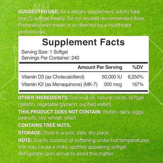 DEAL SUPPLEMENT Vitamin D3 50,000 IU + K2 MK7 200 mcg,240 Softgels | Virgin Coconut Oil, Max Strength Vitamin D & K, Promotes Heart, Bone, & Teeth Health – One Softgel Weekly, Easy to Swallow