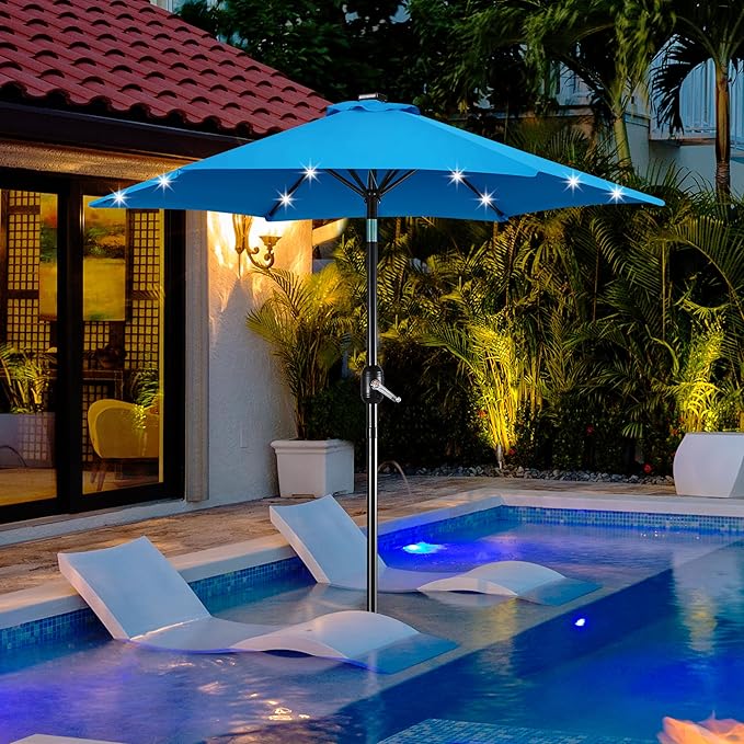Yaheetech 7.5FT Solar Umbrella LED Lighted Patio Umbrella Waterproof & UV Protection, Market Sunshade w/Tilt and Crank for Backyard, Deck and Pool, Sky Blue