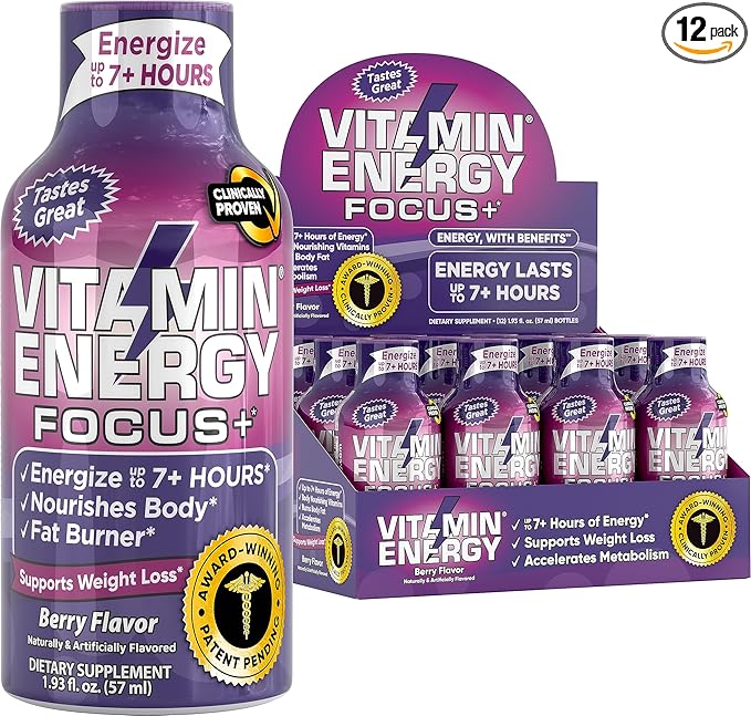 Vitamin Energy Focus+ Energy Drink Shot, Up to 7+ Hours of Energy, Berry, 1.93oz, 12 Count
