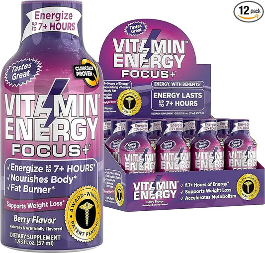 Vitamin Energy Focus+ Energy Drink Shot, Up to 7+ Hours of Energy, Berry, 1.93oz, 12 Count