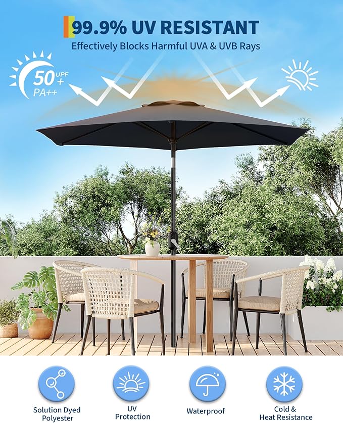 7.5FT Patio Umbrella Outdoor, Market Umbrella, Table Umbrella with Push Button Tilt and Crank, 6 Sturdy Ribs UV Protection Waterproof for Garden, Pool, Deck, Backyard (Grey)