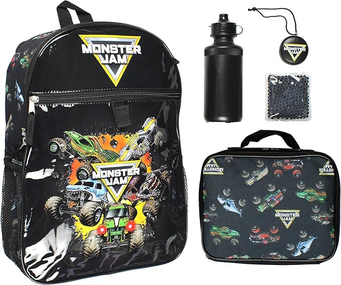 INTIMO Monster Jam Megalodon Grave Digger Max-D Monster Trucks Backpack Lunch Bag Water Bottle Ice Pack 5 Piece Mega Set