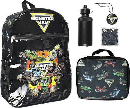 INTIMO Monster Jam Megalodon Grave Digger Max-D Monster Trucks Backpack Lunch Bag Water Bottle Ice Pack 5 Piece Mega Set
