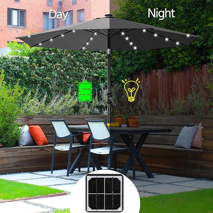 Yaheetech 10FT LED Lighted Patio Umbrella, Outdoor Solar Table Umbrella with 8 Ribs/Tilt Adjustment and Crank Lift System for Garden/Deck/Pool, Gray