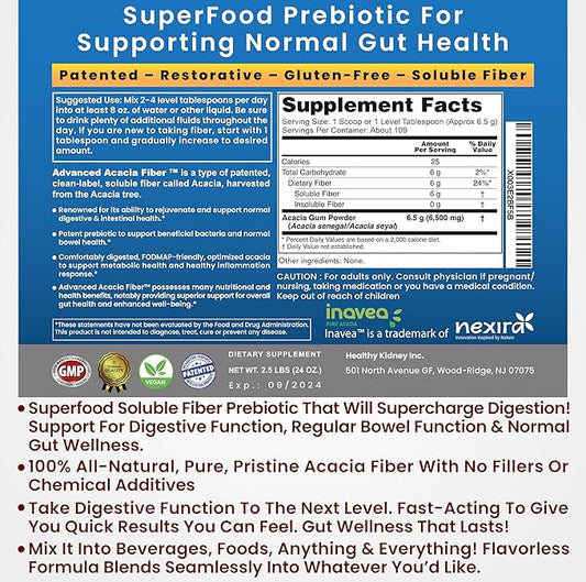 Kidney Restore Acacia Fiber Powder Prebiotic Soluble Fiber Powder Perfect Bathroom Trips, Digestion, IBS Relief, Leaky Gut Repair 24oz w/Scooper
