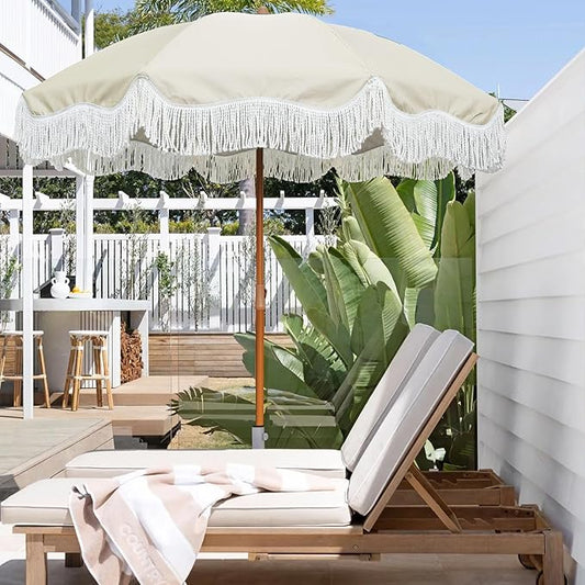 AMMSUN 6.5ft Boho Outdoor Umbrella with Fringe, UPF 50+ Picnic Umbrella with Tassels, Premium Steel Pole and Push Button Tilt, Light Beige