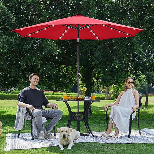 Yaheetech 10FT Solar Powered Patio Umbrella - UV Protection Market Table Umbrella w/ 32 LED Lights & Push Button Tilt & Crank Lift System for Garden/Lawn/Deck/Backyard/Pool,Red