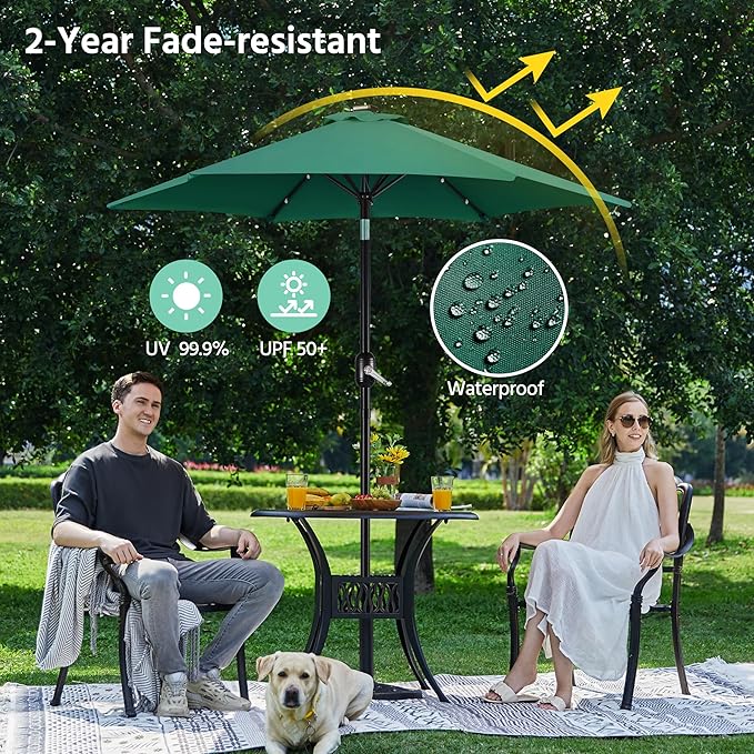 Yaheetech 7.5FT Solar Umbrella LED Lighted Patio Umbrella Waterproof & UV Protection, Market Sunshade w/Tilt and Crank for Backyard, Deck and Pool, Dark Green