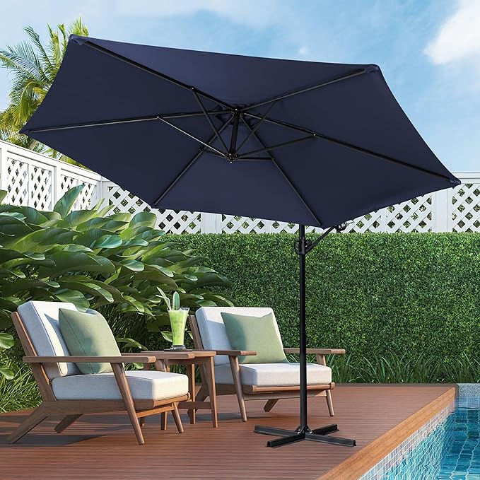 Shintenchi Patio Offset Umbrella with Easy Tilt Adjustment, Crank and Cross Base, Outdoor Cantilever Hanging Umbrella, Sunshade Canopy, Navy Blue
