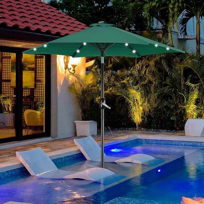 Yaheetech 7.5FT Solar Umbrella LED Lighted Patio Umbrella Waterproof & UV Protection, Market Sunshade w/Tilt and Crank for Backyard, Deck and Pool, Dark Green