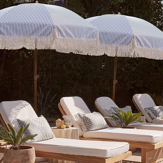 AMMSUN 7ft Patio Umbrella with Fringe Outdoor Tassel Umbrella UPF50+ Premium Steel Pole and Ribs Push Button Tilt, Navy Blue Stripes