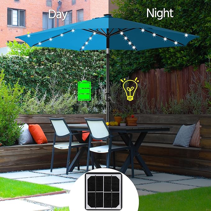 Yaheetech 10FT Solar Patio Umbrella 32 LED Lighted Outdoor Table Market Umbrella with 8 Ribs/Tilt Adjustment and UV-Resistant, Sky Blue